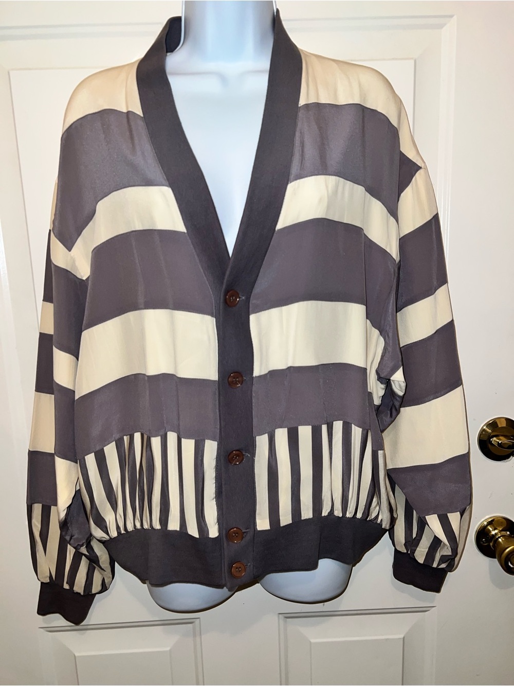 Silk Jacket with Striped Button-Front - Cream & Gray